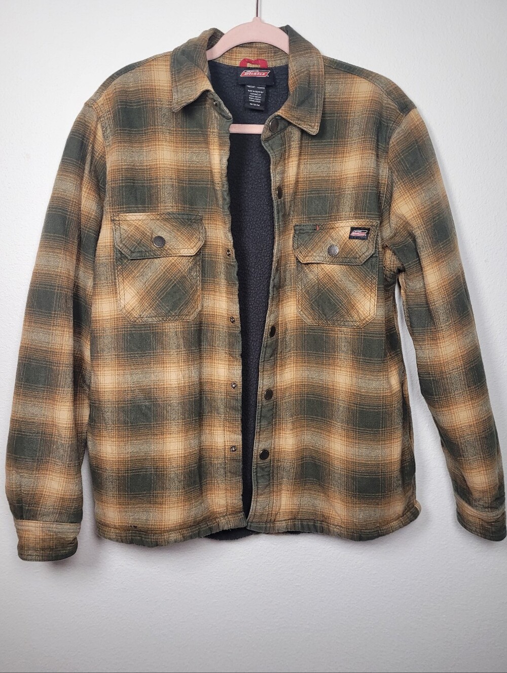 Genuine Dickies Fleece Lined Flannel Shirt Jacket Plaid Green Tan M Cabincore